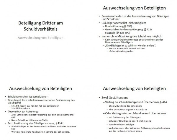 PDF / Präsentation: Beteiligung Dritter am Schuldverhältnis - Auswechselung von Beteiligten (Screenshot http://www.uni-leipzig.de/~handel/Material/BGB%20II/Folien11.pdf am 22.05.2013)