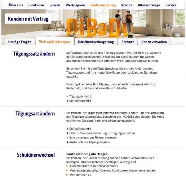 Die ING DIBA scheint recht offen beim Thema Schuldnerwechsel / Baufinanzierung übertragen (Screenshot https://www.ing-diba.de/baufinanzierung/kunden-mit-vertrag/vertragsaenderungen/ am 22.05.2013)