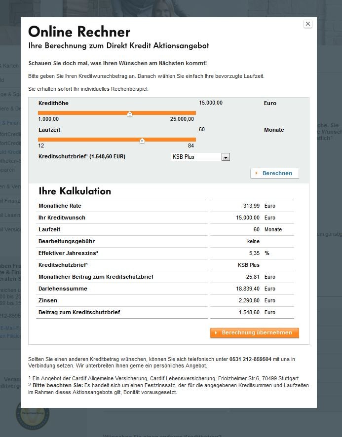 Volkswagen Bank Direkt Kredit Kreditrechner (Screenshot ...